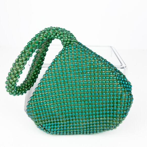 New Green Blue Iridescent Beaded Mesh Teardrop Zipper Wristlet Clutch Bag Purse - Picture 2 of 6